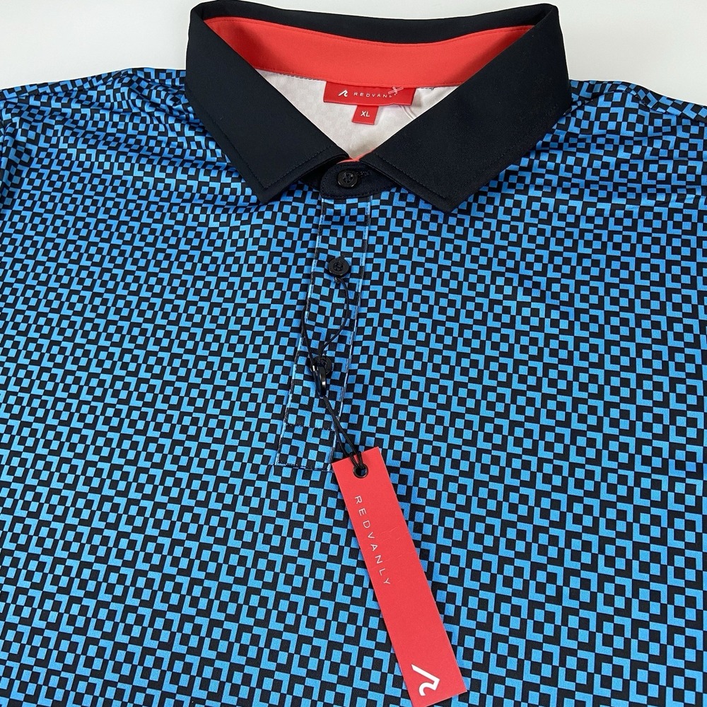 Redvanly Men's Blake Polo Tuxedo‎ Blue Geometric Print XL Lightweight Logo NEW